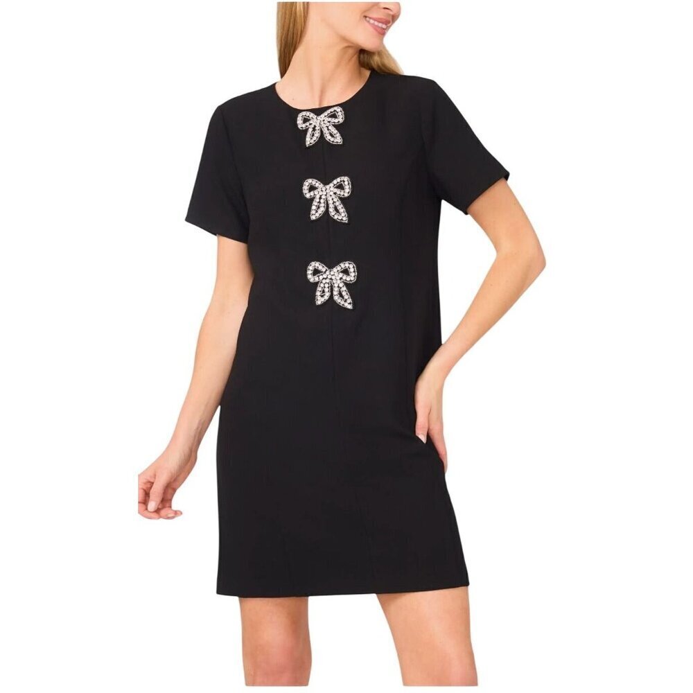 NWT Cece Rhinestone Bows Shift Dress Short Sleeve Black Mini Size 4 $MSRP 119